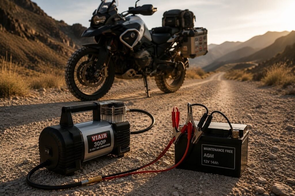 Best portable tire inflator for motorcycle adventure touring connected to a bike battery on a remote gravel road