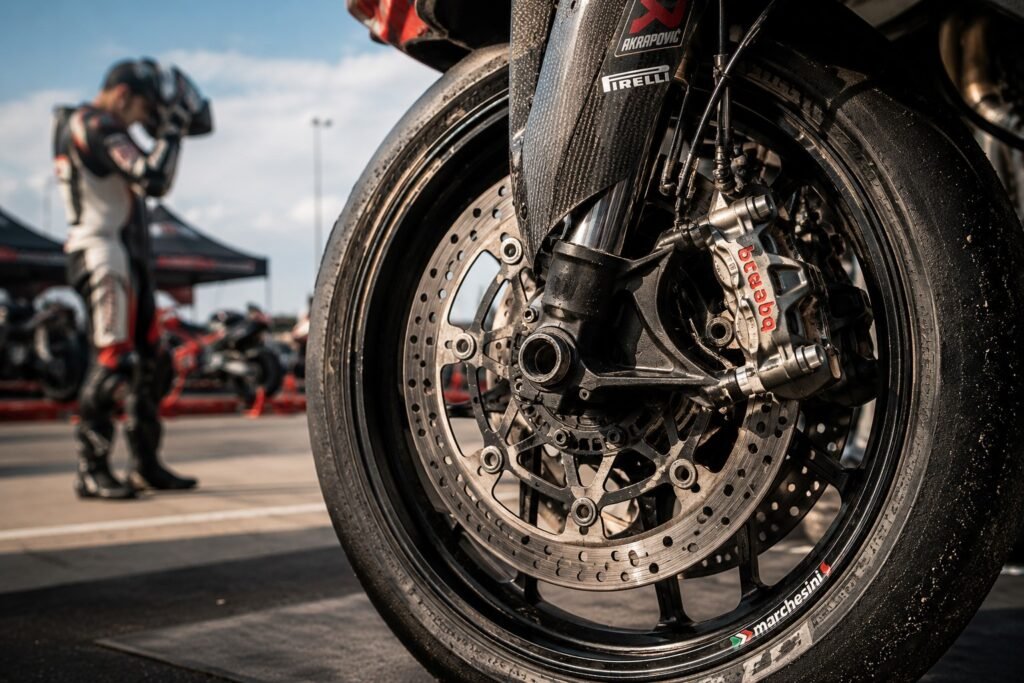 Superbike brake system after a motorcycle track day session