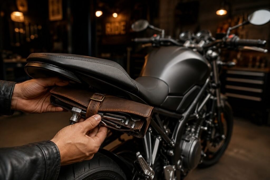 Compact leather motorcycle tool roll being stored under motorcycle seat as portable roadside kit