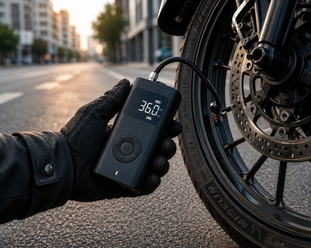 Best wireless electric pump for motorcycle roadside repair being used on a valve stem by a gloved rider