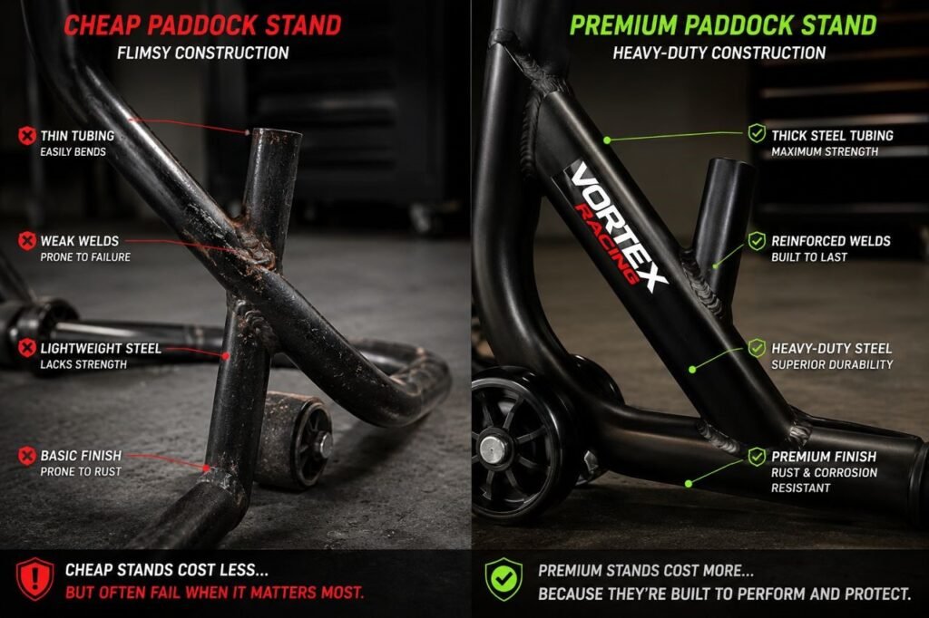 Cheap motorcycle paddock stand compared to premium heavy-duty stand