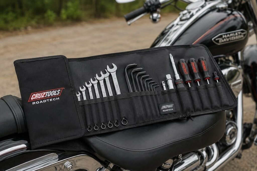 CruzTools RoadTech motorcycle tool roll unrolled on motorcycle seat showing compact roadside tool kit contents