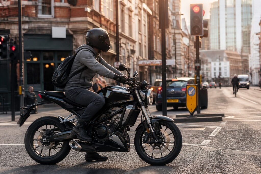 Daily motorcycle commuter stopped at city traffic lights showing urban riding use case for lithium battery