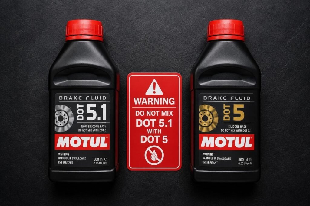 DOT 5 vs DOT 5.1 brake fluid — never mix silicone and glycol based fluids