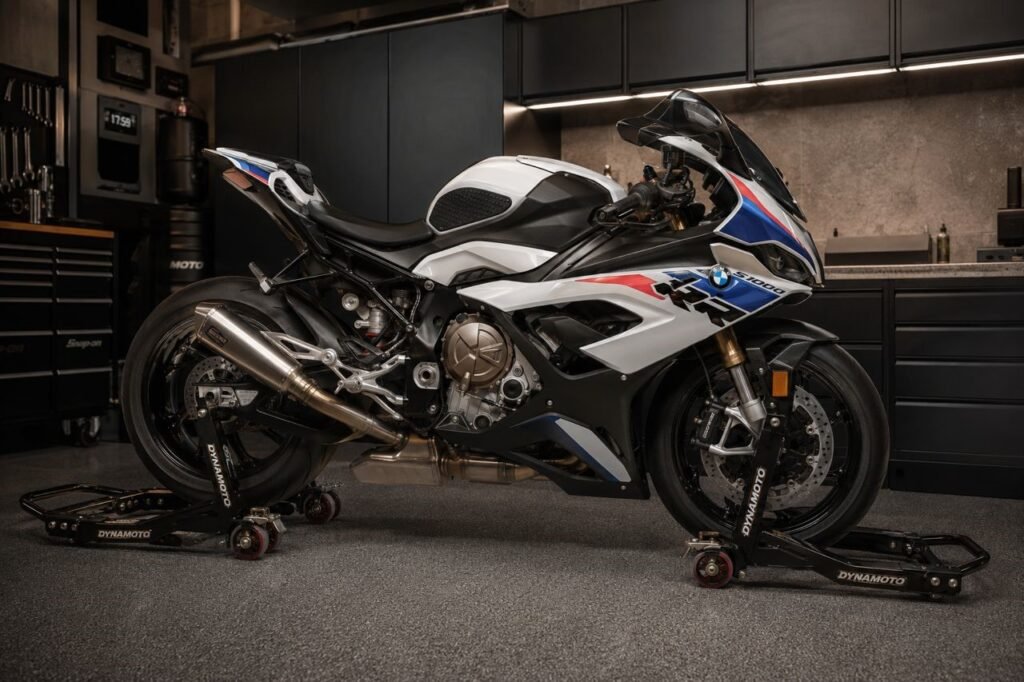 BMW S1000RR on Dynamoto dual-axis motorcycle paddock stands inside garage