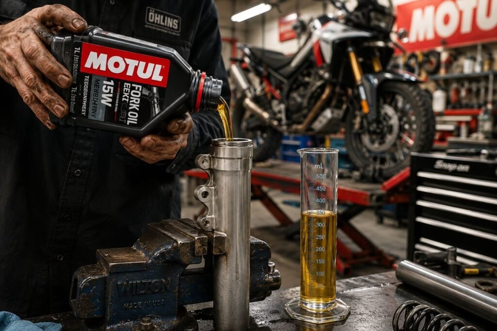 Mechanic pouring fork oil into motorcycle front suspension leg on workshop bench