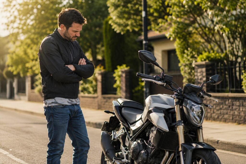Frustrated motorcycle rider standing next to a dead bike on a sunny day