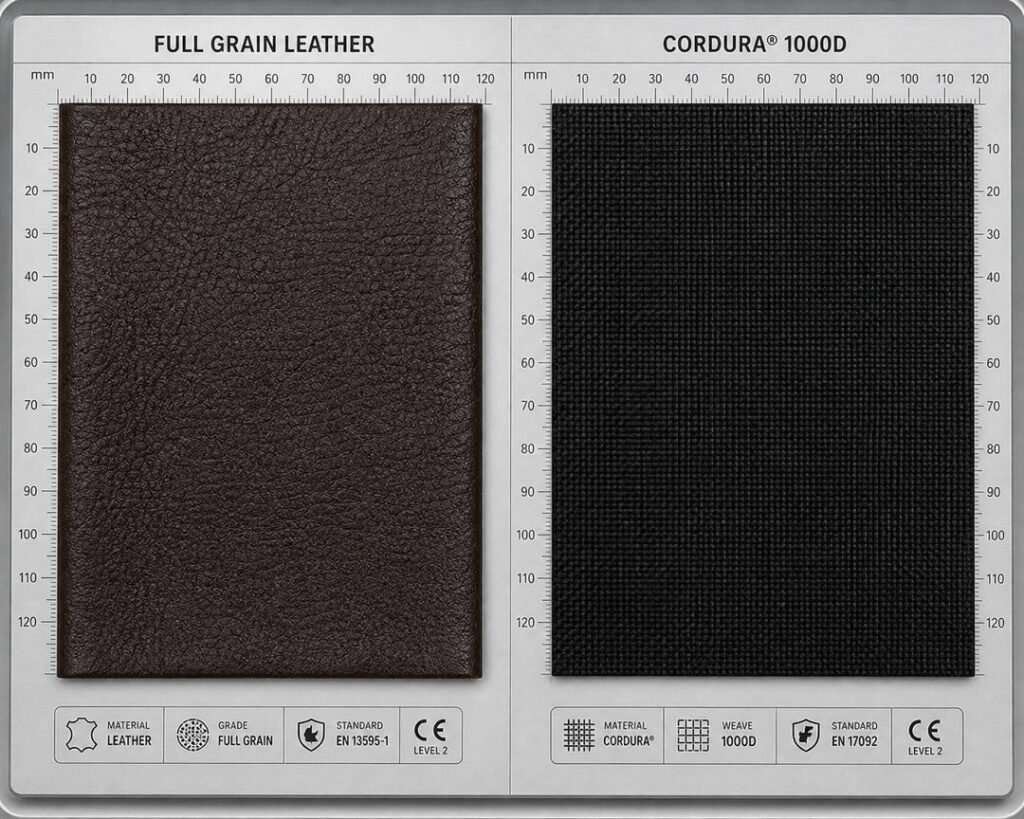 Comparison of armor displacement in budget motorcycle jacket versus anatomically integrated armor in premium motorcycle riding suit