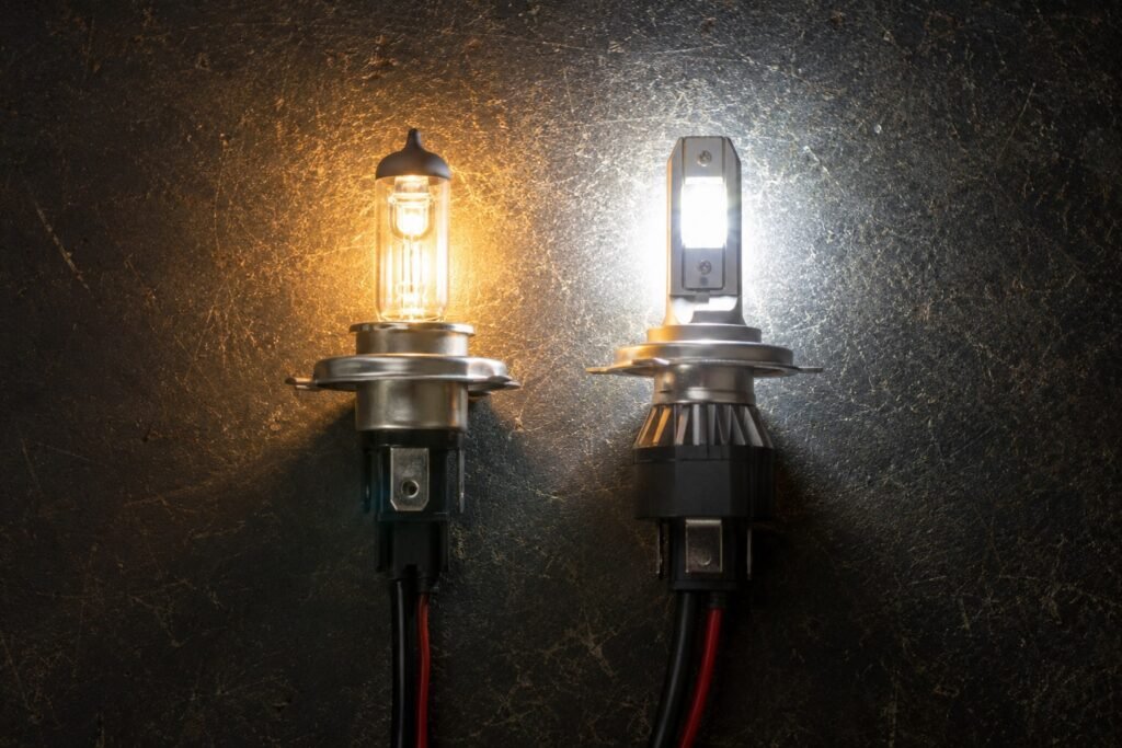 Side by side comparison of H4 halogen bulb versus LED bulb for motorcycle headlight upgrade