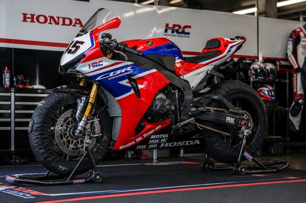 Honda CBR1000RR on heavy-duty front and rear motorcycle paddock stands