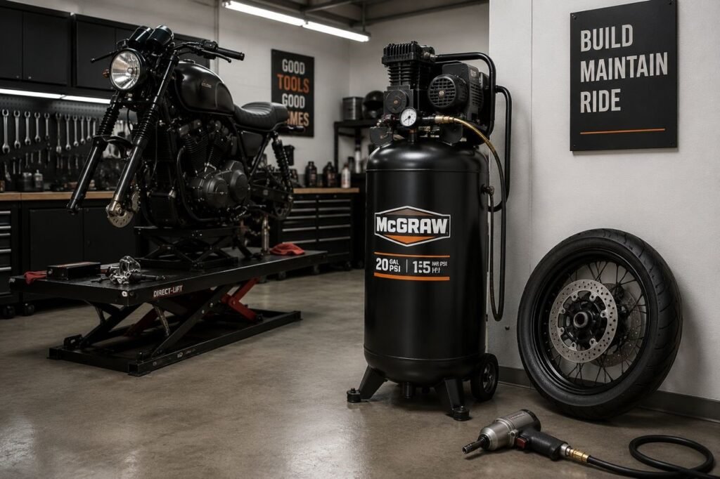 Heavy duty garage air compressor for motorcycle shop use with an impact wrench and removed wheel nearby