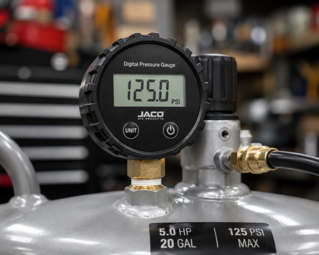 Digital PSI gauge on an air compressor tank showing pressure reading for motorcycle maintenance work