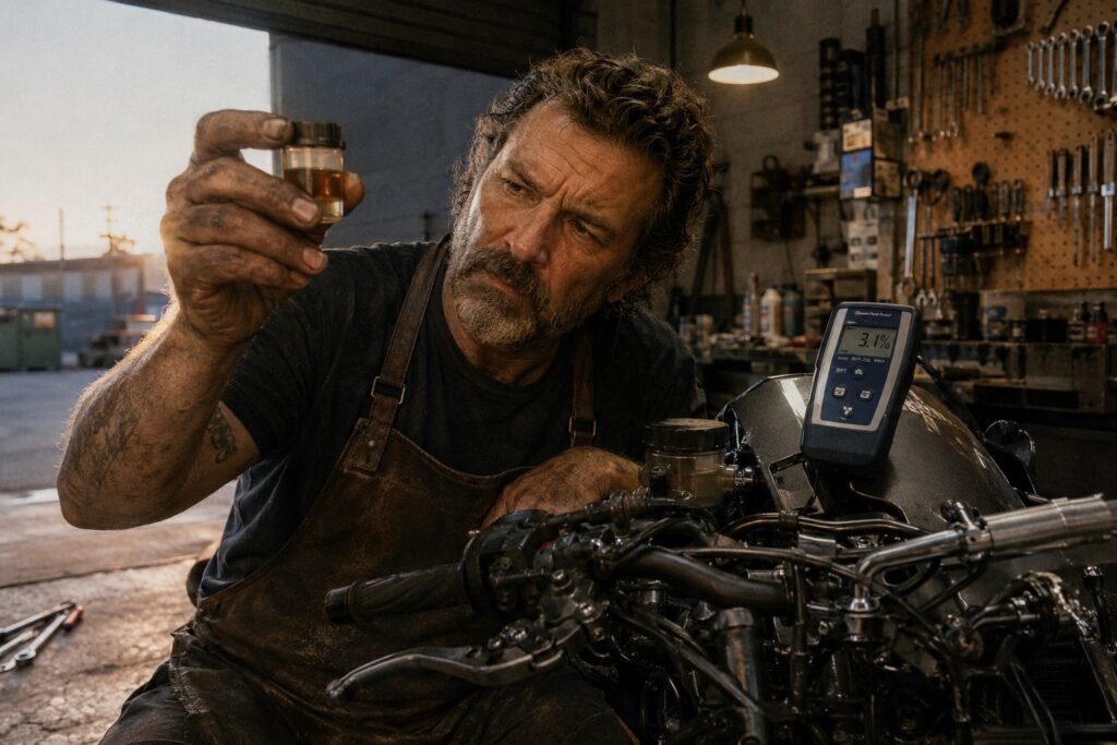 Motorcycle mechanic checking brake fluid condition on a sport bike in a workshop