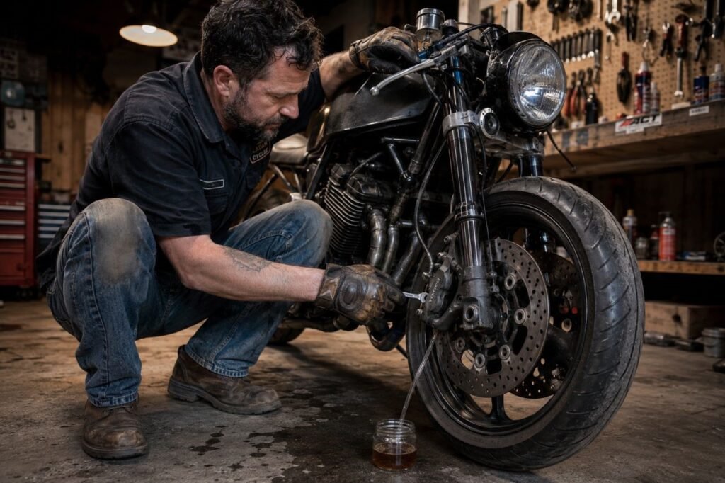Mechanic bleeding motorcycle brakes at home with wrench and clear tubing