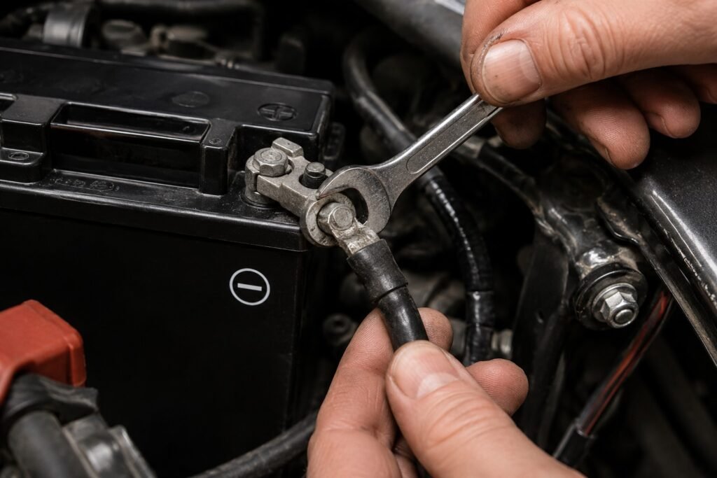 Mechanic removing the negative black terminal from a motorcycle battery with a wrench