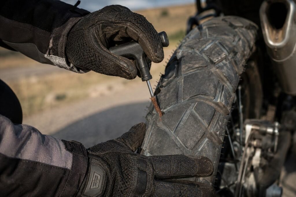 Rider inserting a tire plug into a punctured motorcycle tire