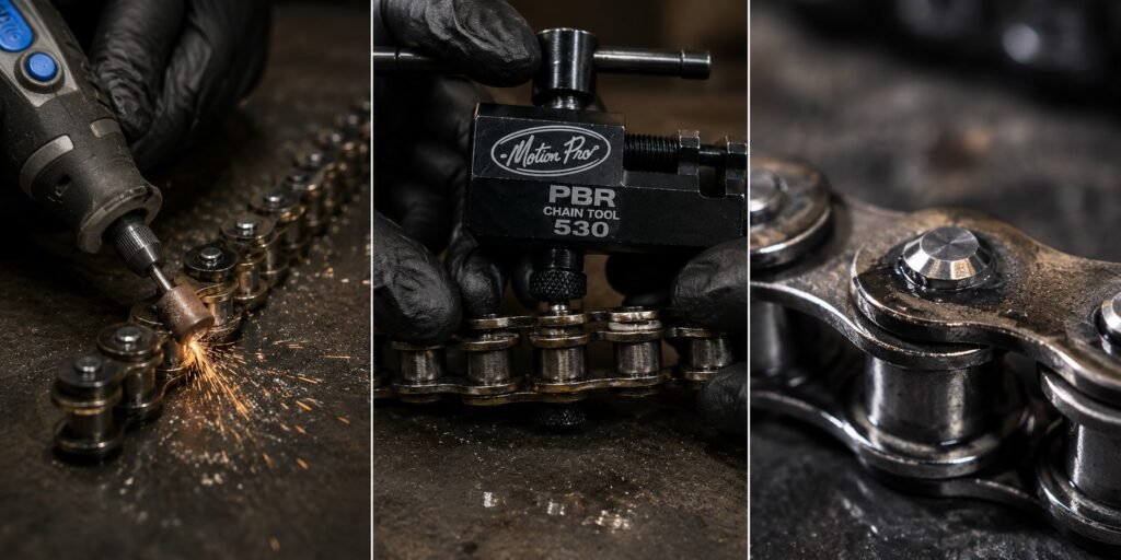 How to rivet a motorcycle chain master link — grinding, pressing, and riveting steps with chain tool