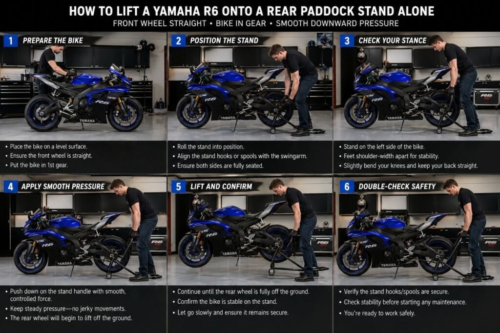 Rider safely using rear motorcycle paddock stand alone in garage