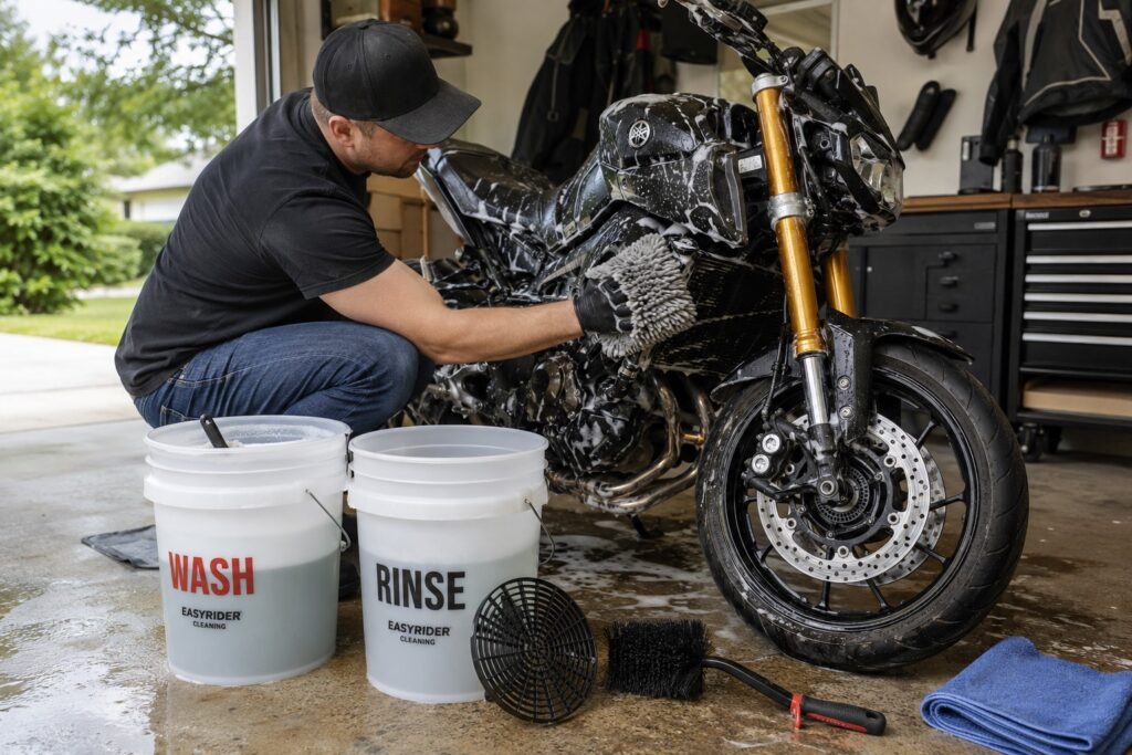 Rider washing a motorcycle in a home garage using the two-bucket method with a chenille wash mitt and grit guard bucket.
