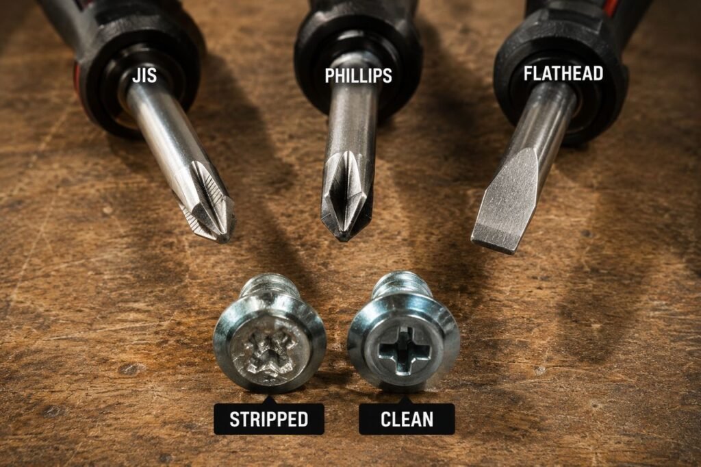 IS screwdriver compared to Phillips screwdriver next to Japanese motorcycle fairing bolt showing difference