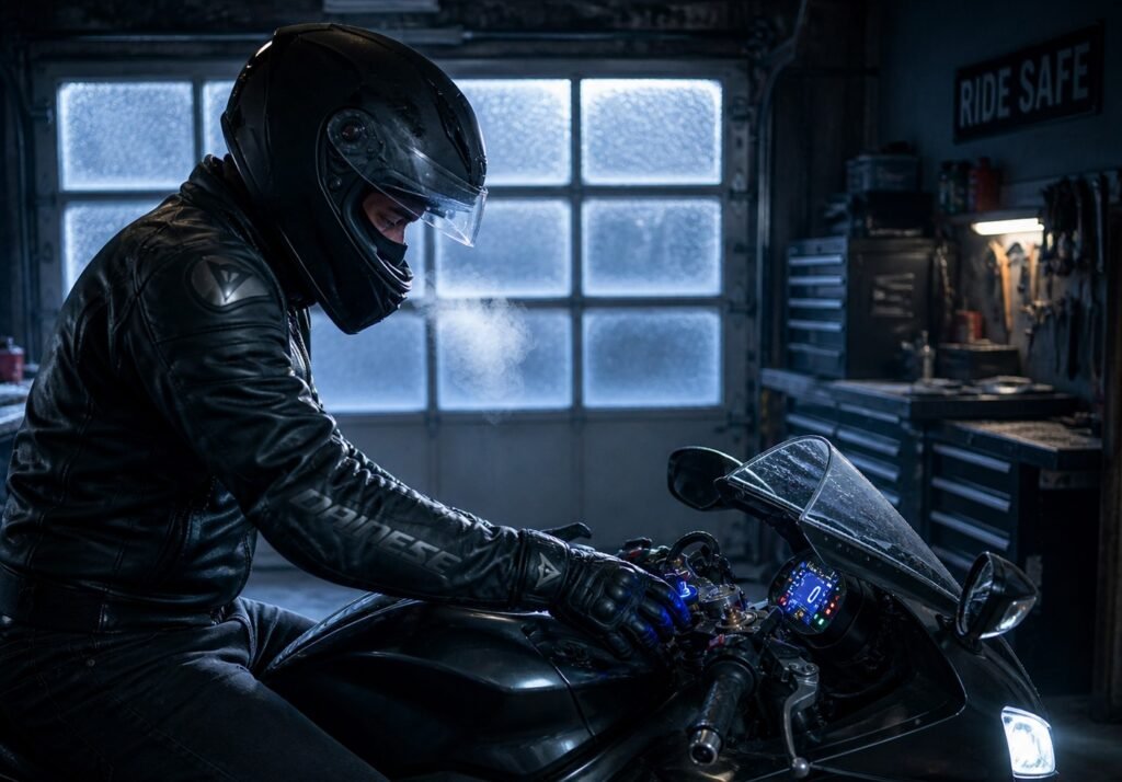 Rider starting motorcycle with lithium battery in cold winter garage showing cold start performance 2026