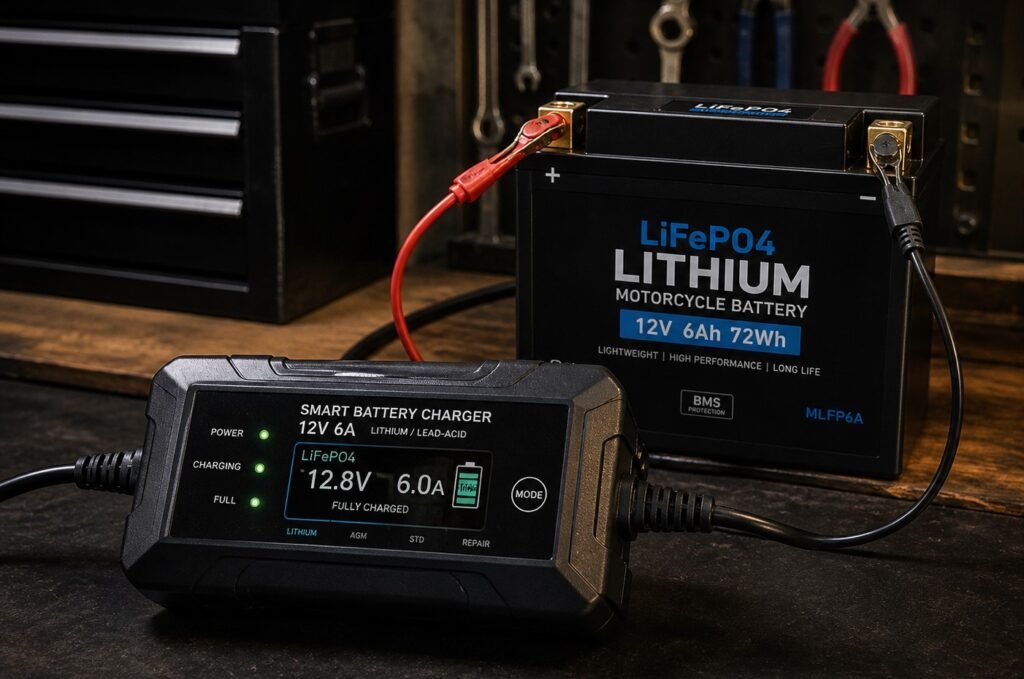Smart charger connected to LiFePO4 lithium motorcycle battery showing correct charging mode and BMS compatibility