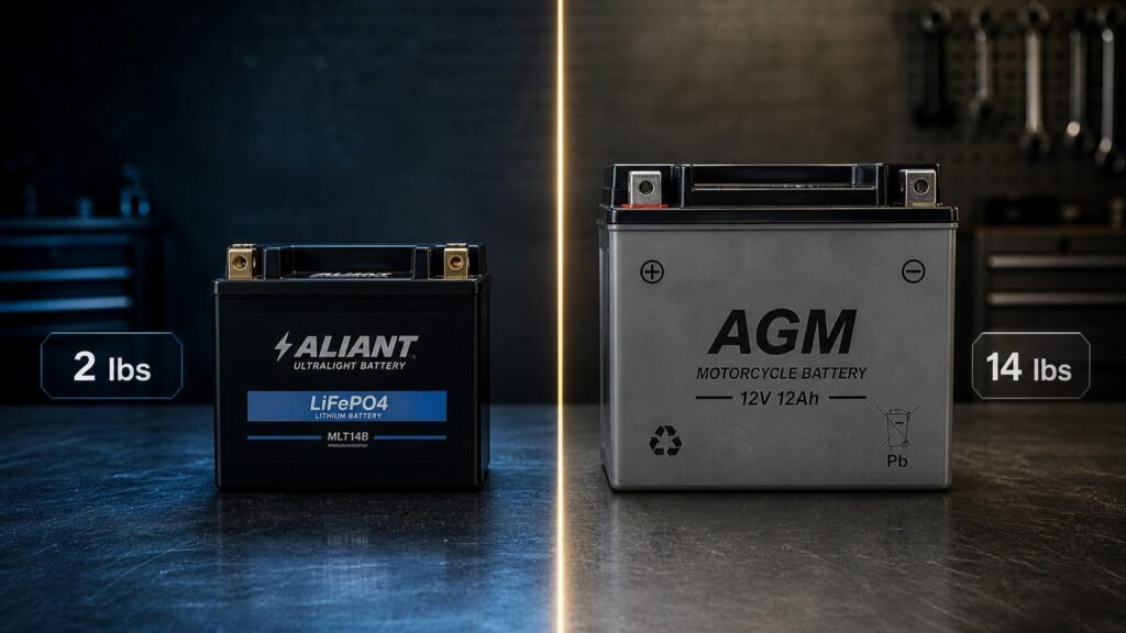 Lithium LiFePO4 vs AGM lead-acid motorcycle battery side by side comparison showing weight and size difference on workshop bench 2026