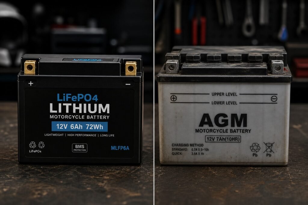 Lithium vs lead-acid motorcycle battery side by side comparison on workshop bench 2026