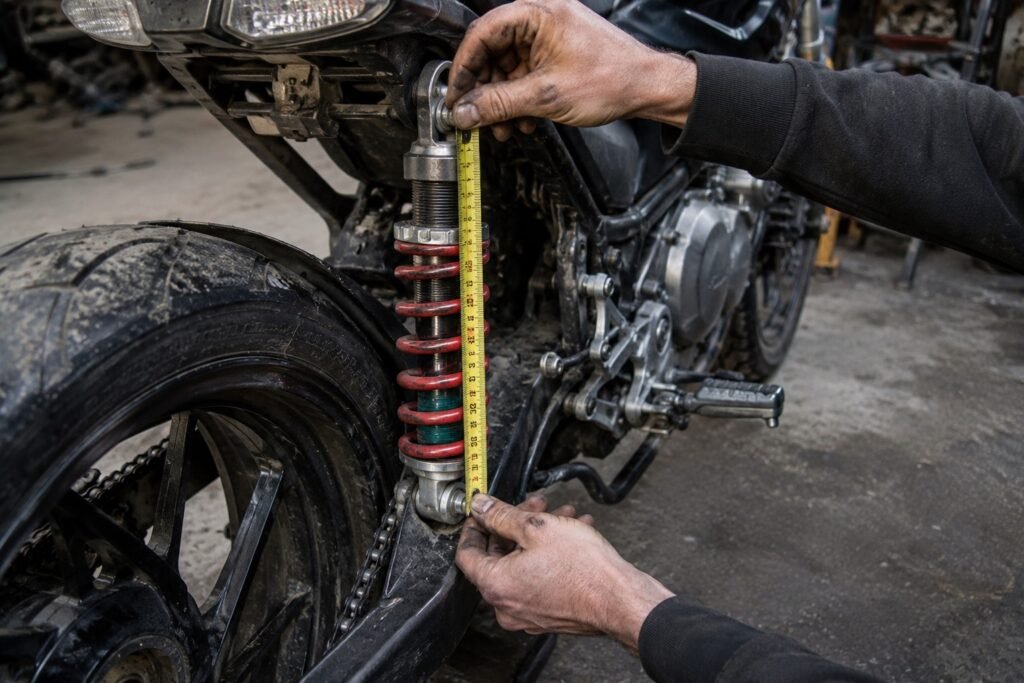 Mechanic measuring rear suspension sag on a motorcycle