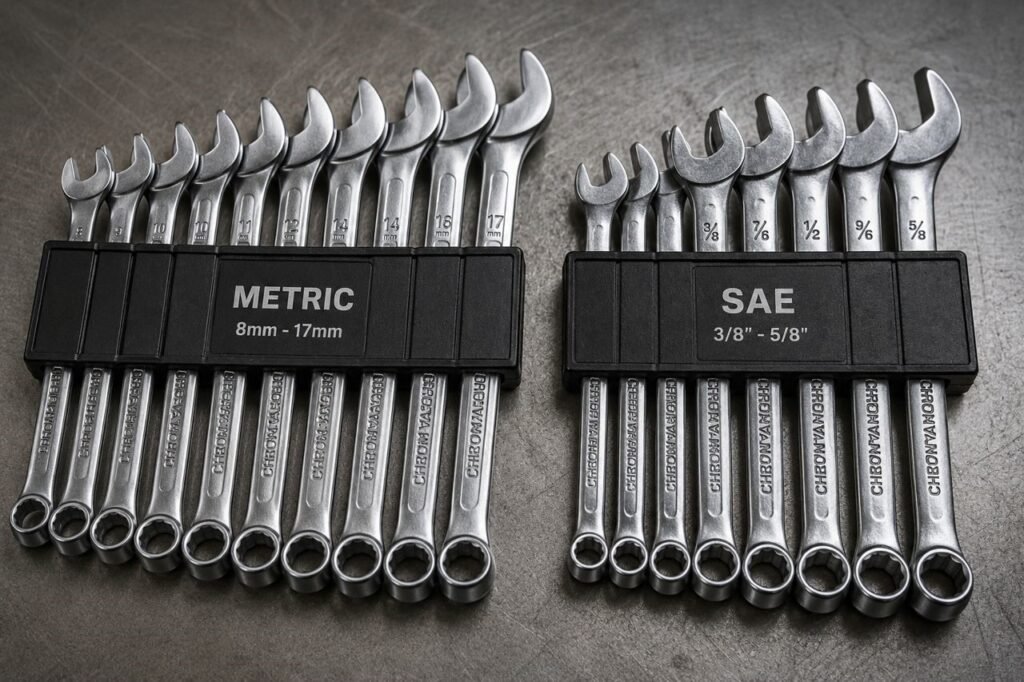 Metric motorcycle tool kit wrenches compared to standard SAE wrenches side by side on workshop bench