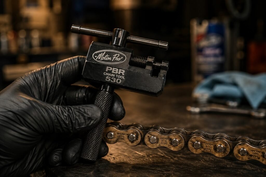 Motion Pro PBR motorcycle chain tool held over 530 chain — indexed 3-in-1 break press rivet tool review