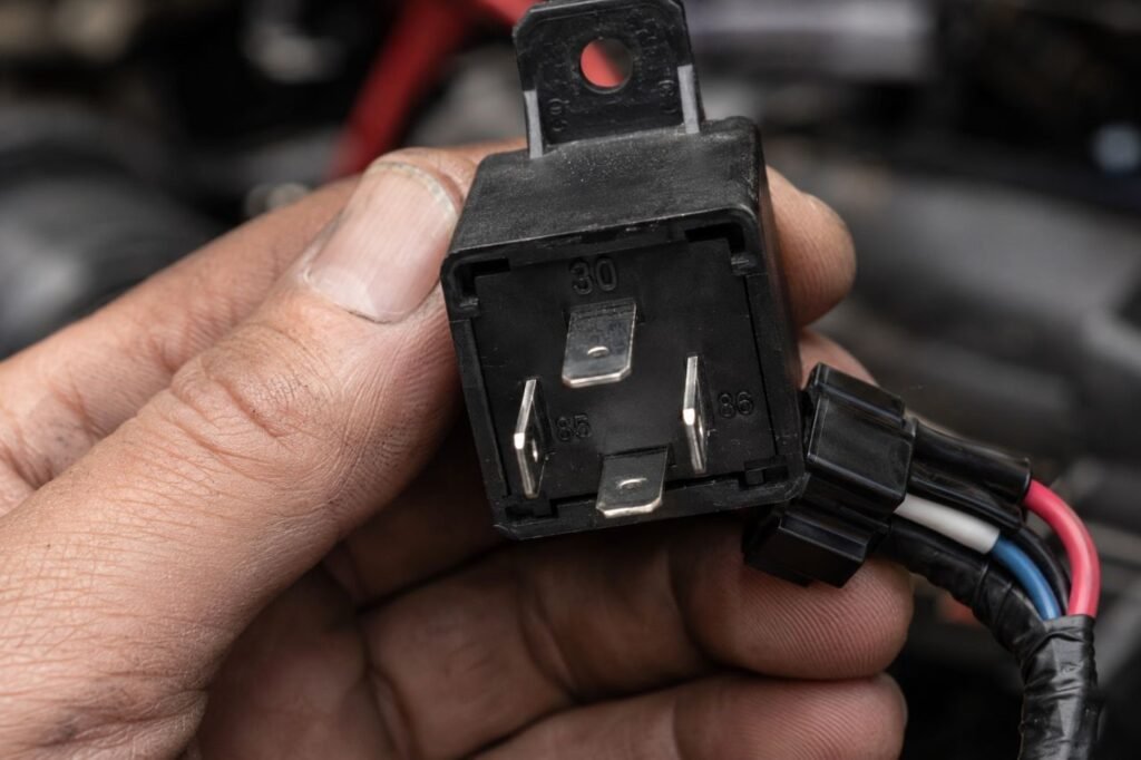 Close-up of motorcycle 12V relay showing pins and wiring connections