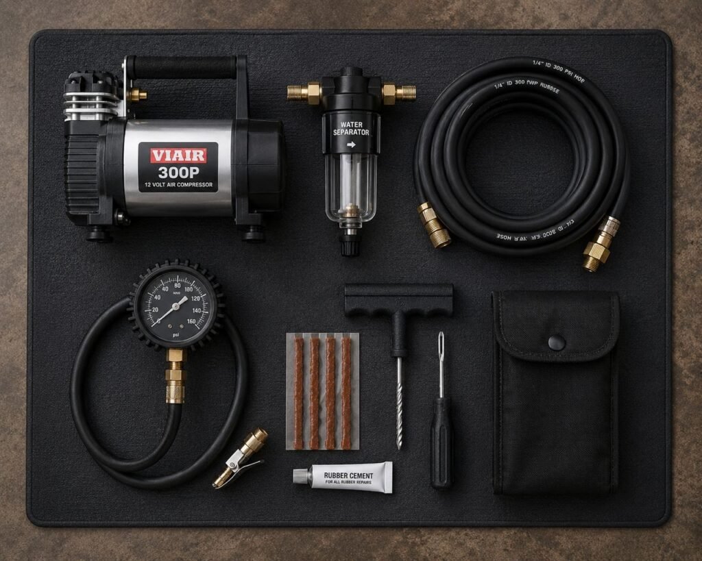 Motorcycle air compressor buying guide accessories including water separator, rubber hose, pressure gauge, and plug kit
