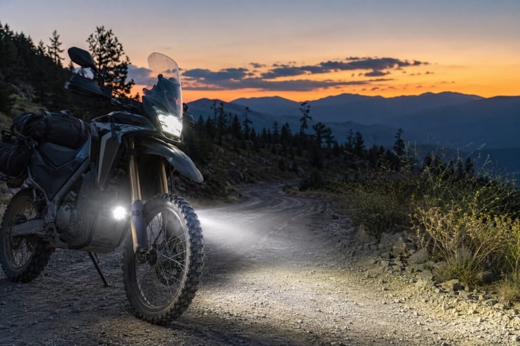 Auxiliary LED pods mounted on motorcycle fork legs illuminating road edges at dusk