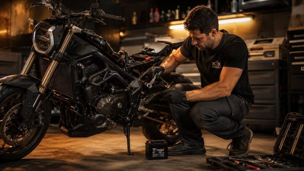 Motorcycle rider replacing a motorcycle battery in a garage workshop