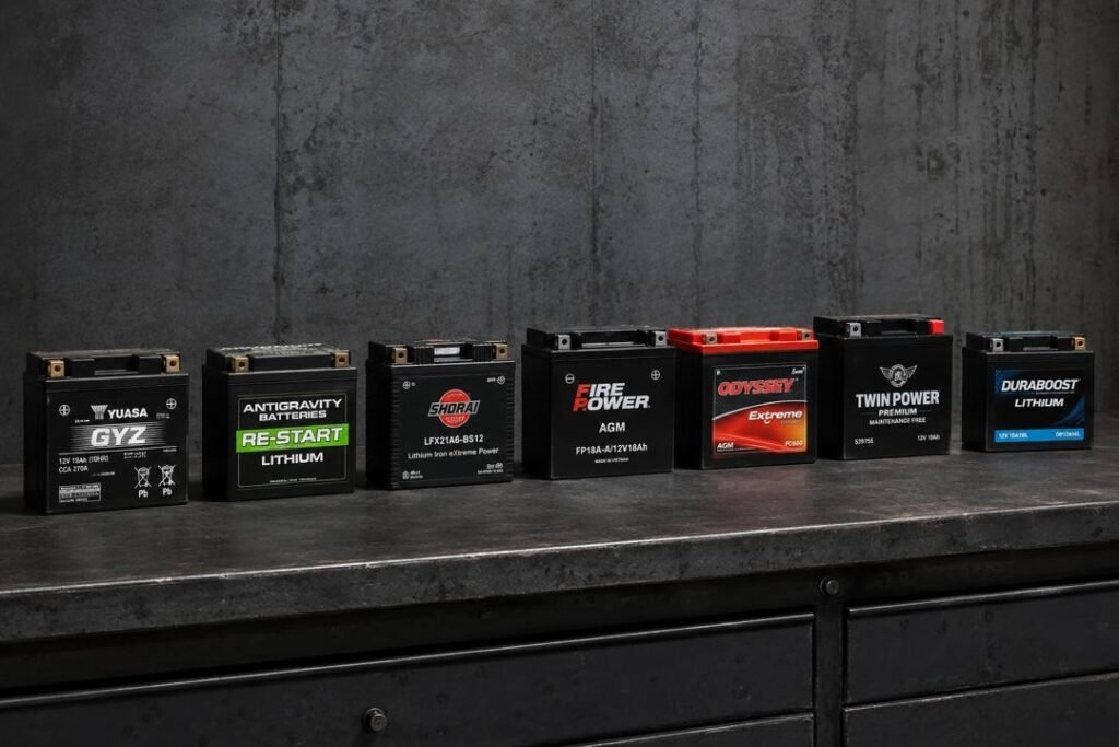 Seven best motorcycle batteries of 2026 reviewed — Yuasa, Antigravity, Shorai, 
Fire Power, Odyssey, Twin Power and Duraboost lined up on workshop bench