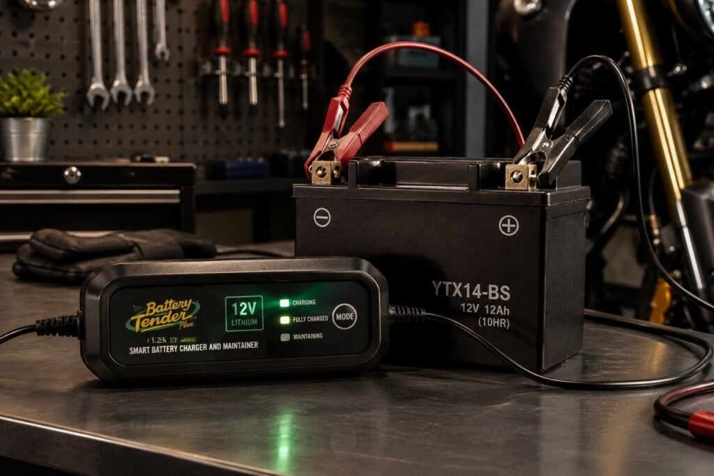Smart battery tender connected to motorcycle battery showing green charging indicator