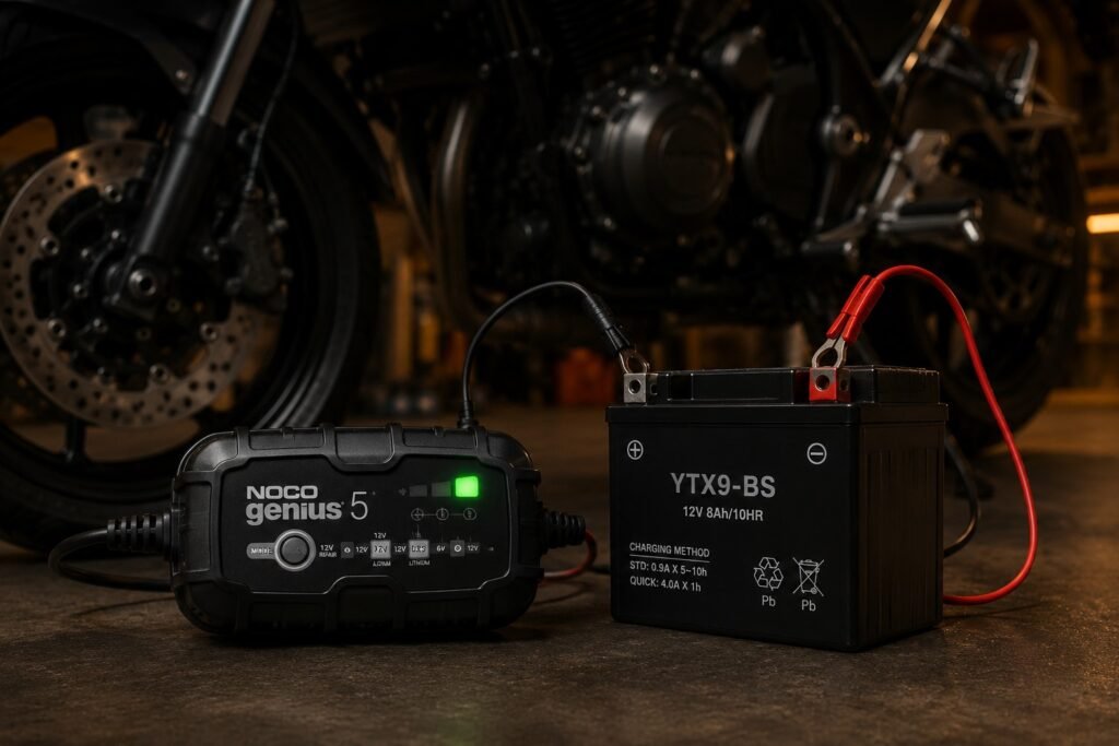 Smart battery tender connected to a motorcycle battery with green charging indicator light