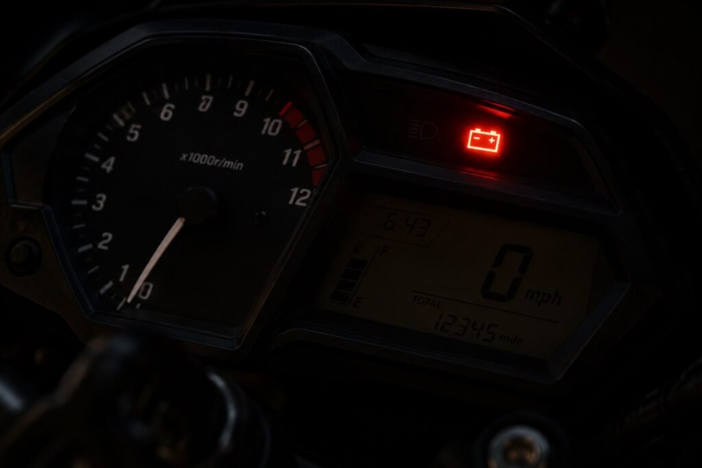Motorcycle dashboard showing battery warning light and dimming instrument cluster