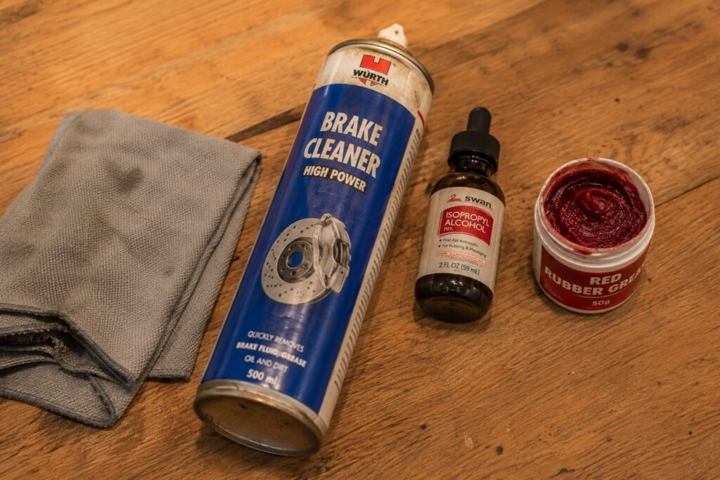 Brake cleaner spray, isopropyl alcohol bottle, and red rubber grease tub on a wooden workbench for motorcycle brake caliper cleaning