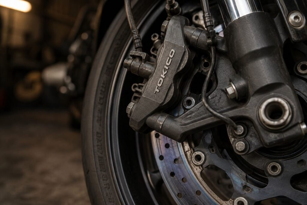 Close-up of a used motorcycle front brake caliper and rotor showing heat discolouration and brake dust — motorcycle brake caliper maintenance guide