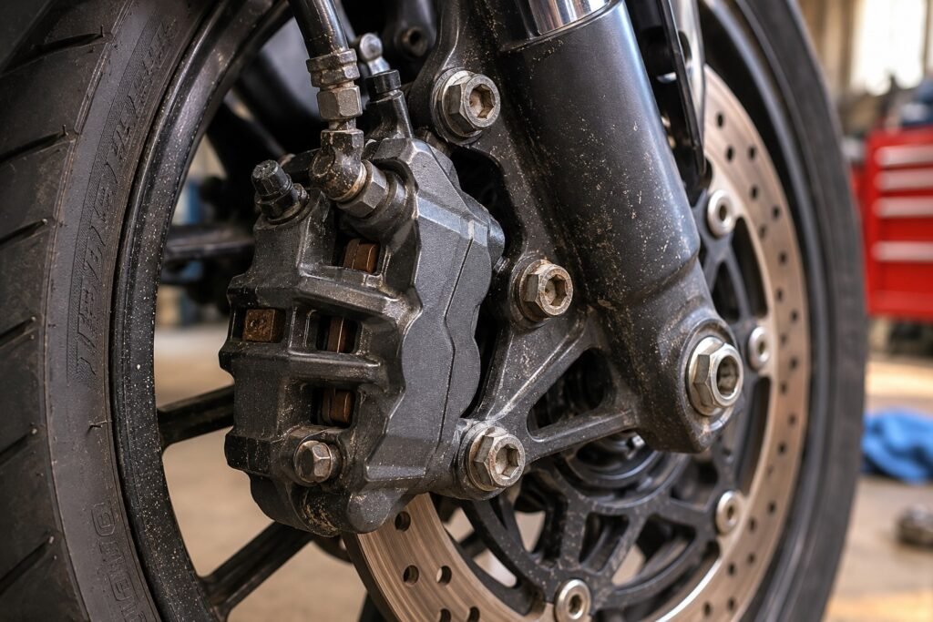 Motorcycle brake caliper mounted on fork leg with brake dust and surface grime showing need for maintenance
