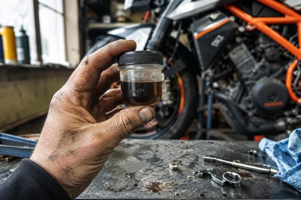 Mechanic inspecting dark brown motorcycle brake fluid in reservoir