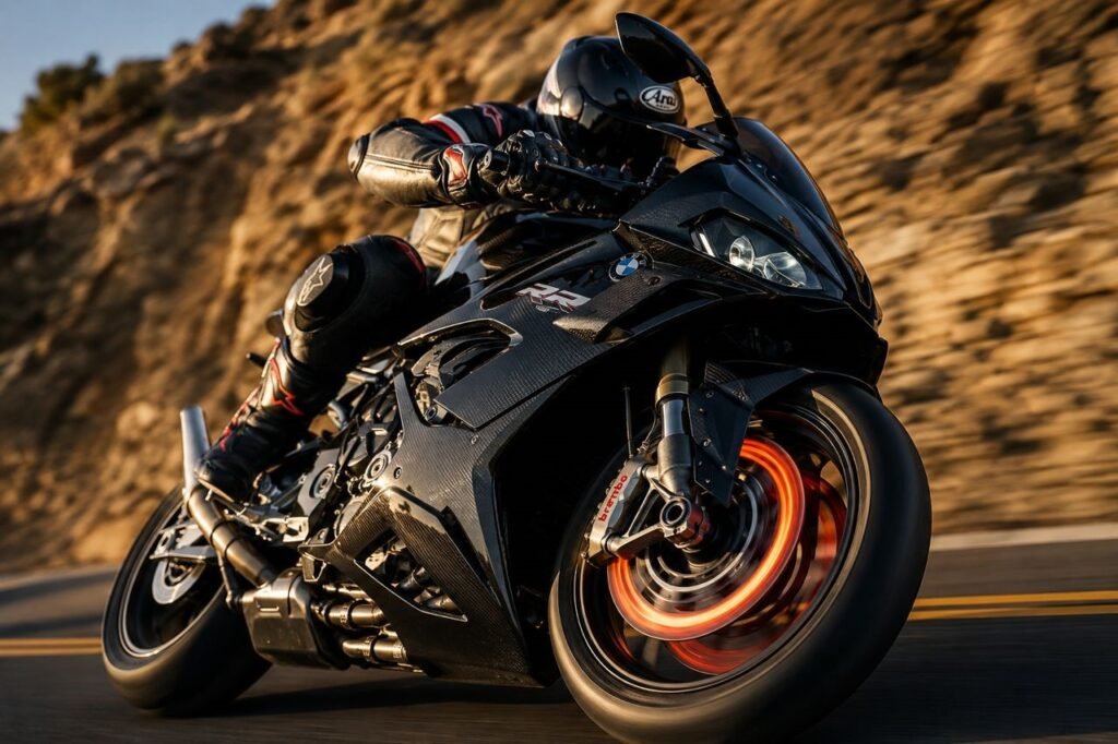 High-performance motorcycle braking hard into a canyon corner, showing glowing front rotor and brake caliper to illustrate brake pad performance, heat resistance, and rider control