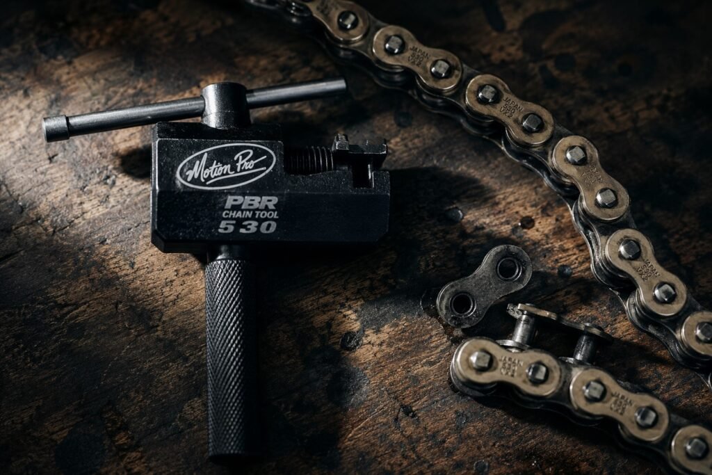 Best motorcycle chain tool 2026 — Motion Pro PBR chain breaker and riveter on workshop bench with 530 chain