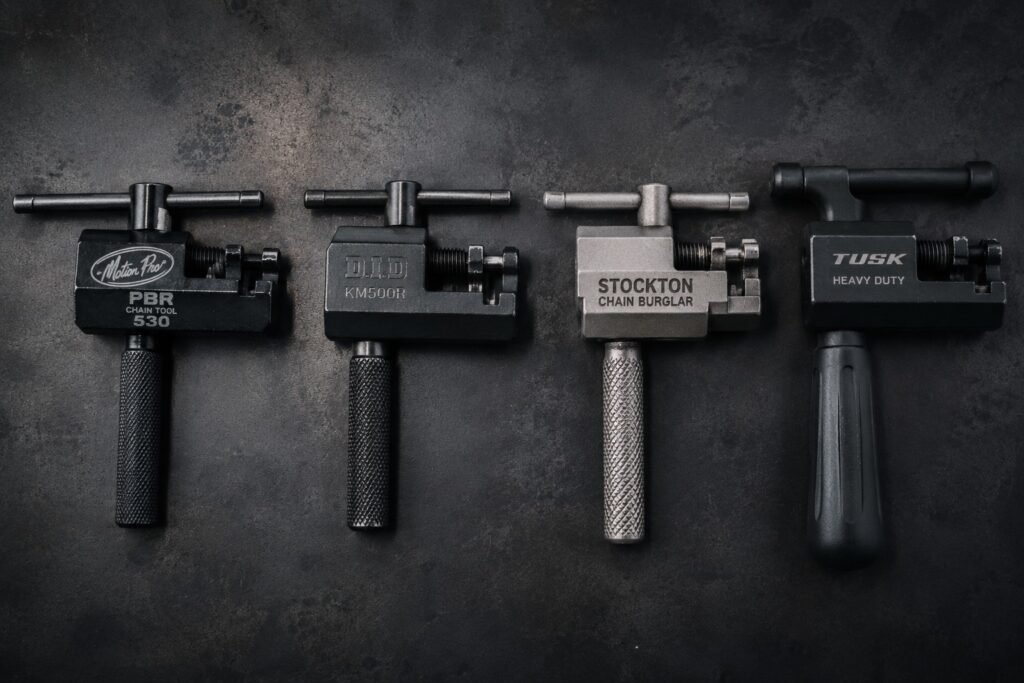 Four best motorcycle chain tools compared — Motion Pro PBR, DID KM500R, Stockton Chain Burglar, Tusk Heavy Duty side by side