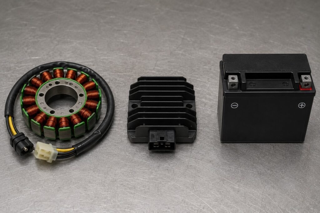 Motorcycle charging system components — stator, regulator rectifier, and battery laid out