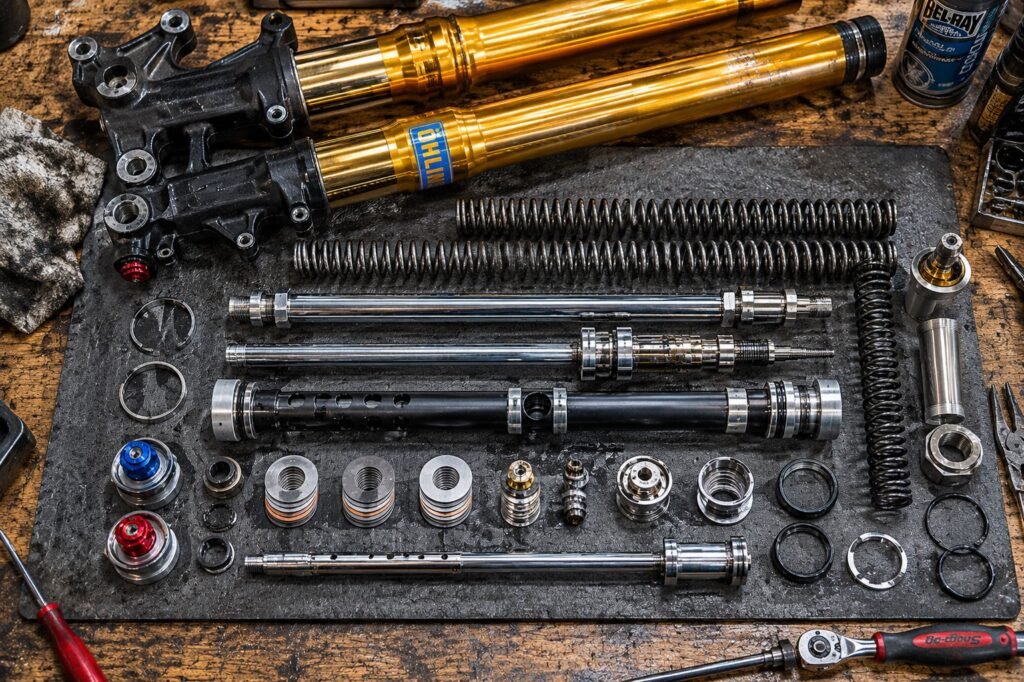 Motorcycle front fork cartridge kit components laid out on workbench