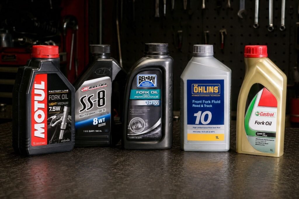 Multiple motorcycle fork oil bottles from Motul, Maxima, and Bel-Ray lined up on a workbench showing different viscosity weights