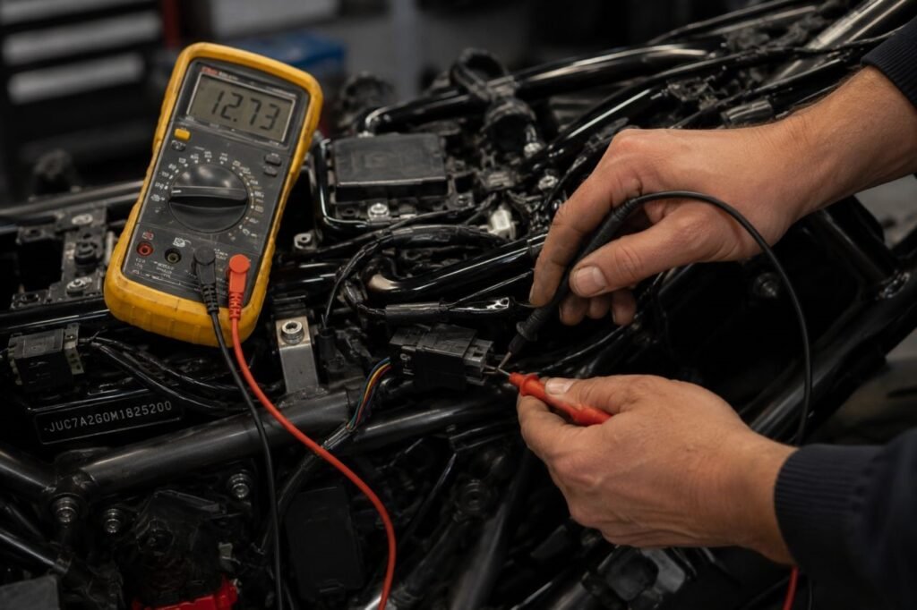 Testing motorcycle ignition switched 12V wire with multimeter